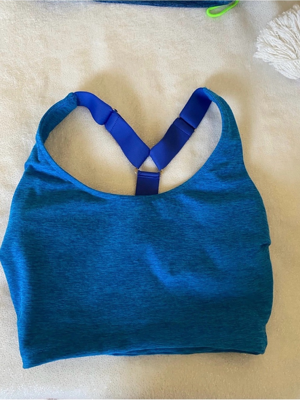 Bombshell Sportwear Blue Athletic Sports Bra with Racerback Strap Detail